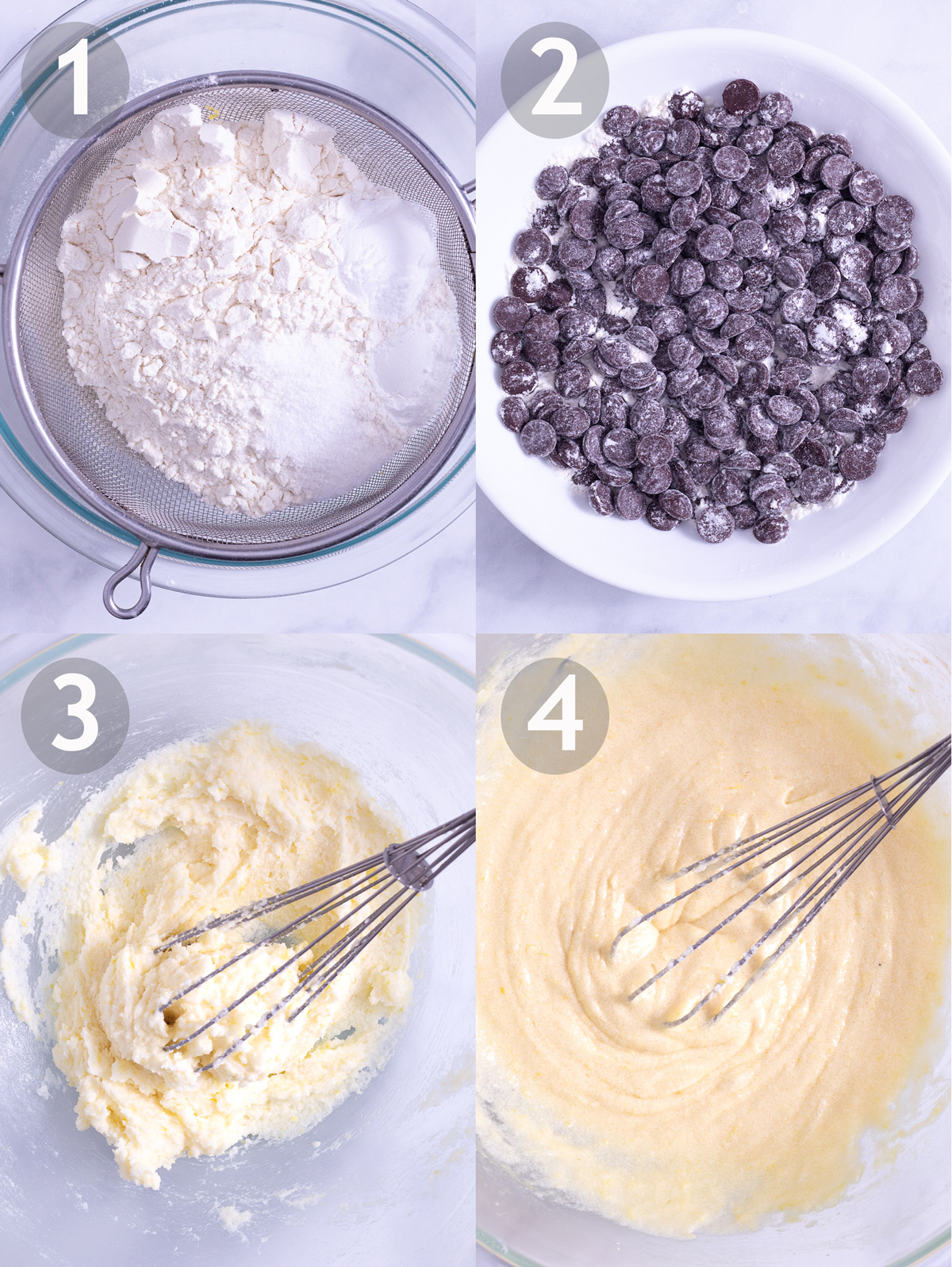 First 4 steps to make chocolate chip muffins including sifting dry ingredients, coating chocolate chips in flour, and whisking sugar, butter and eggs.