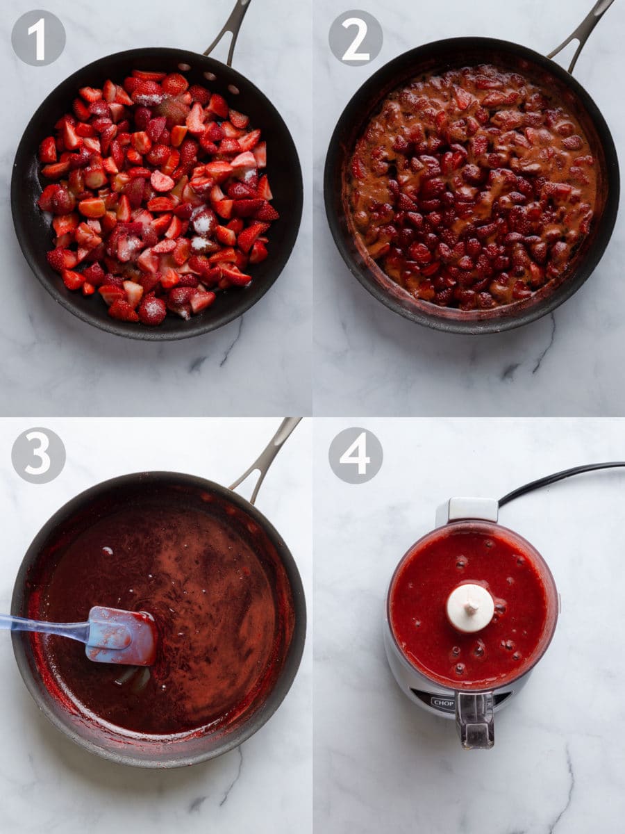 Steps showing how to make strawberry balsamic sauce, including cooking and pureeing the strawberries.