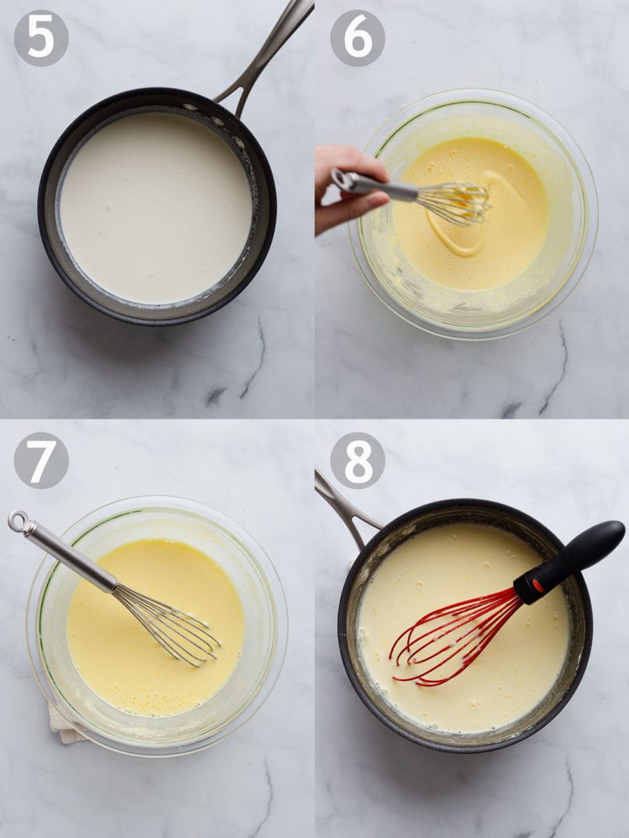 Steps to make an ice cream base, including warming cream, whipping eggs and sugar, tempering eggs, and cooking until thickened.