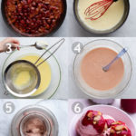 Steps to make strawberry balsamic ice cream including cooking strawberries, cooking and straining custard base and freezing the ice cream.