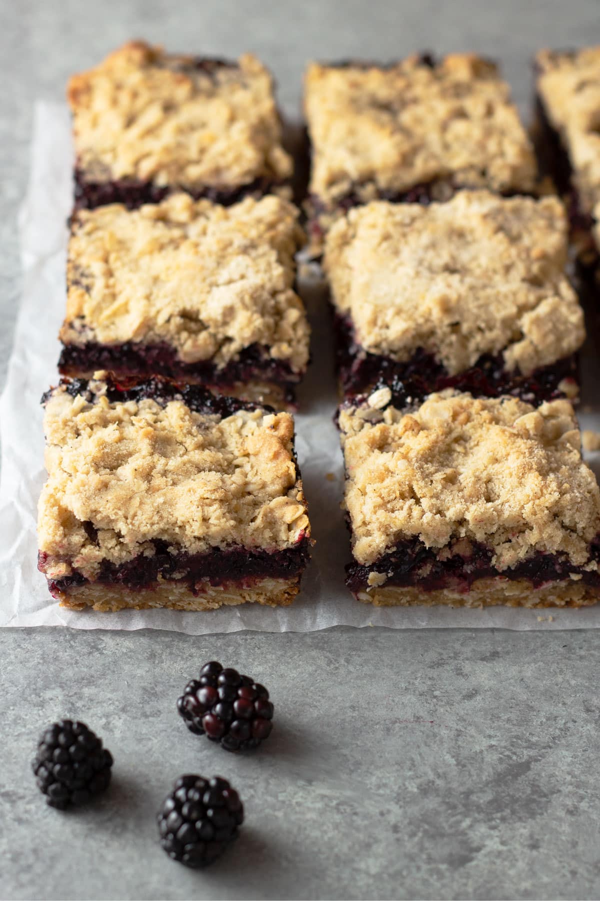 Angled view of a group of squares of blackberry bars on parchment on a grey surface.