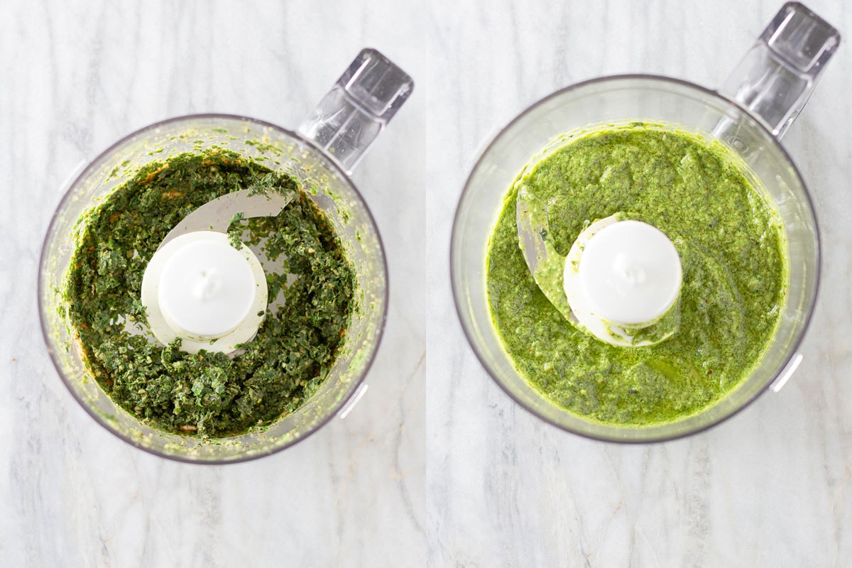 Steps to make pesto in a food processer side by side.