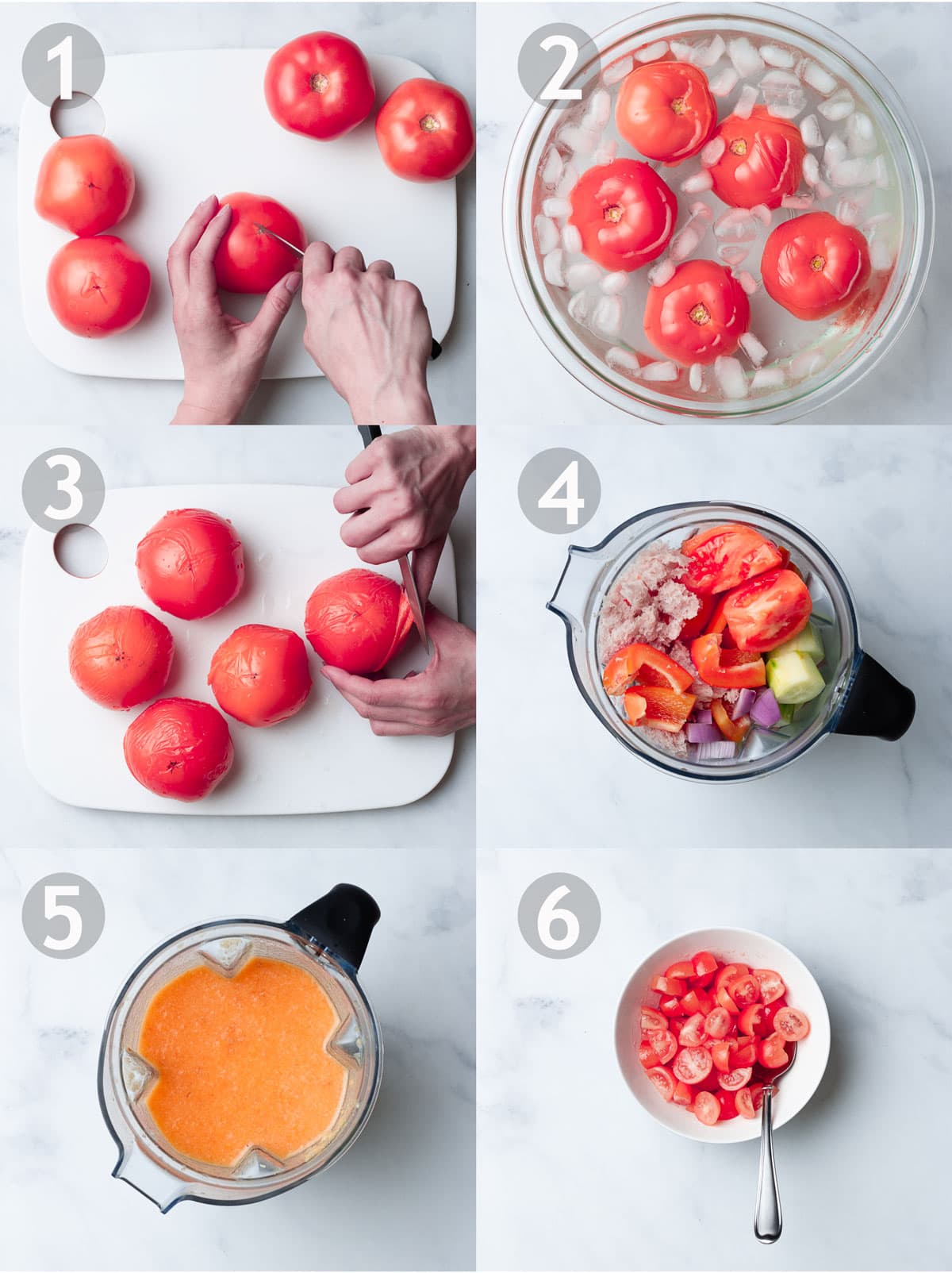 Steps to making a gazpacho including scoring, blanching, shocking and peeling tomatoes, and pureeing all ingredients in a blender.