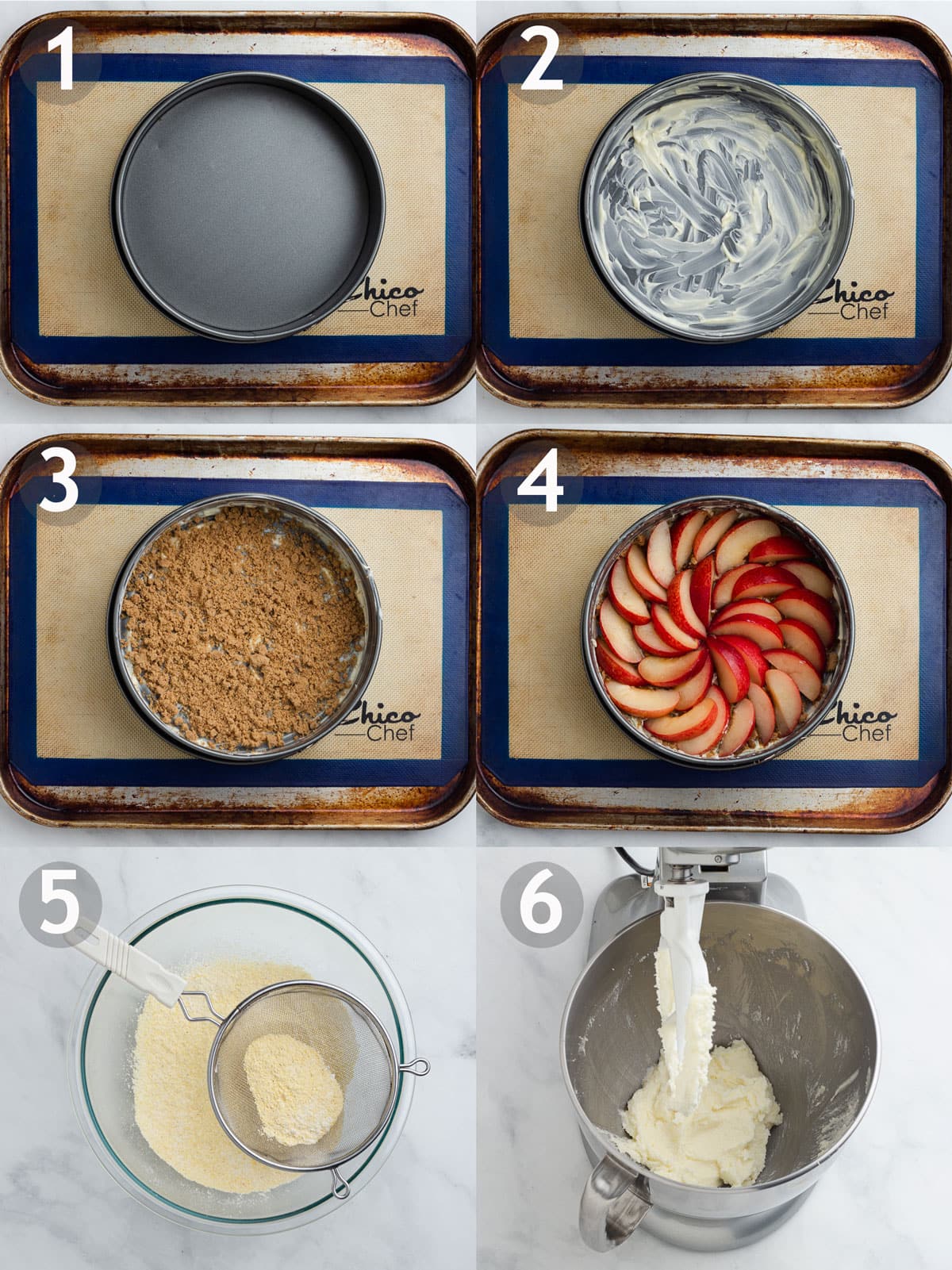 Steps to making cake including adding butter, sugar and plums to bottom of pan, sifting dry ingredients and creaming butter and sugar.