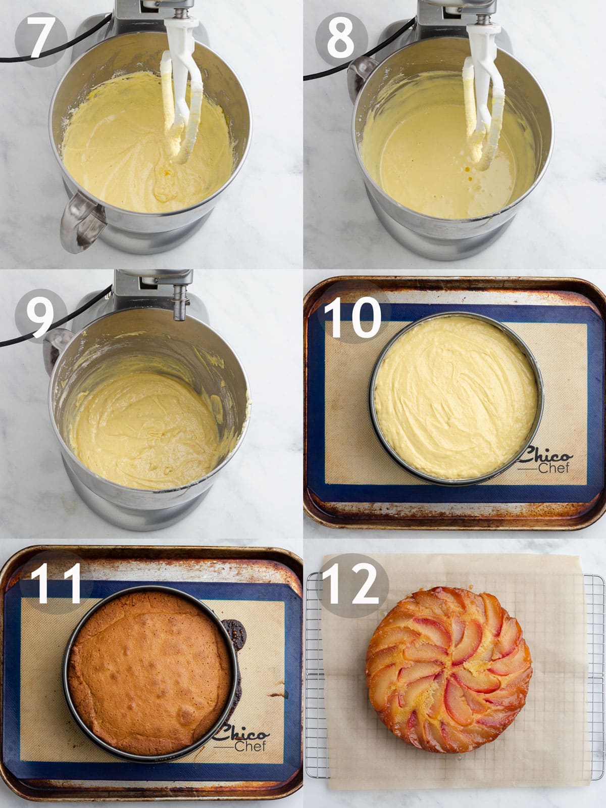Steps to make cake including mixing wet ingredients, adding dry ingredients and baking cake.