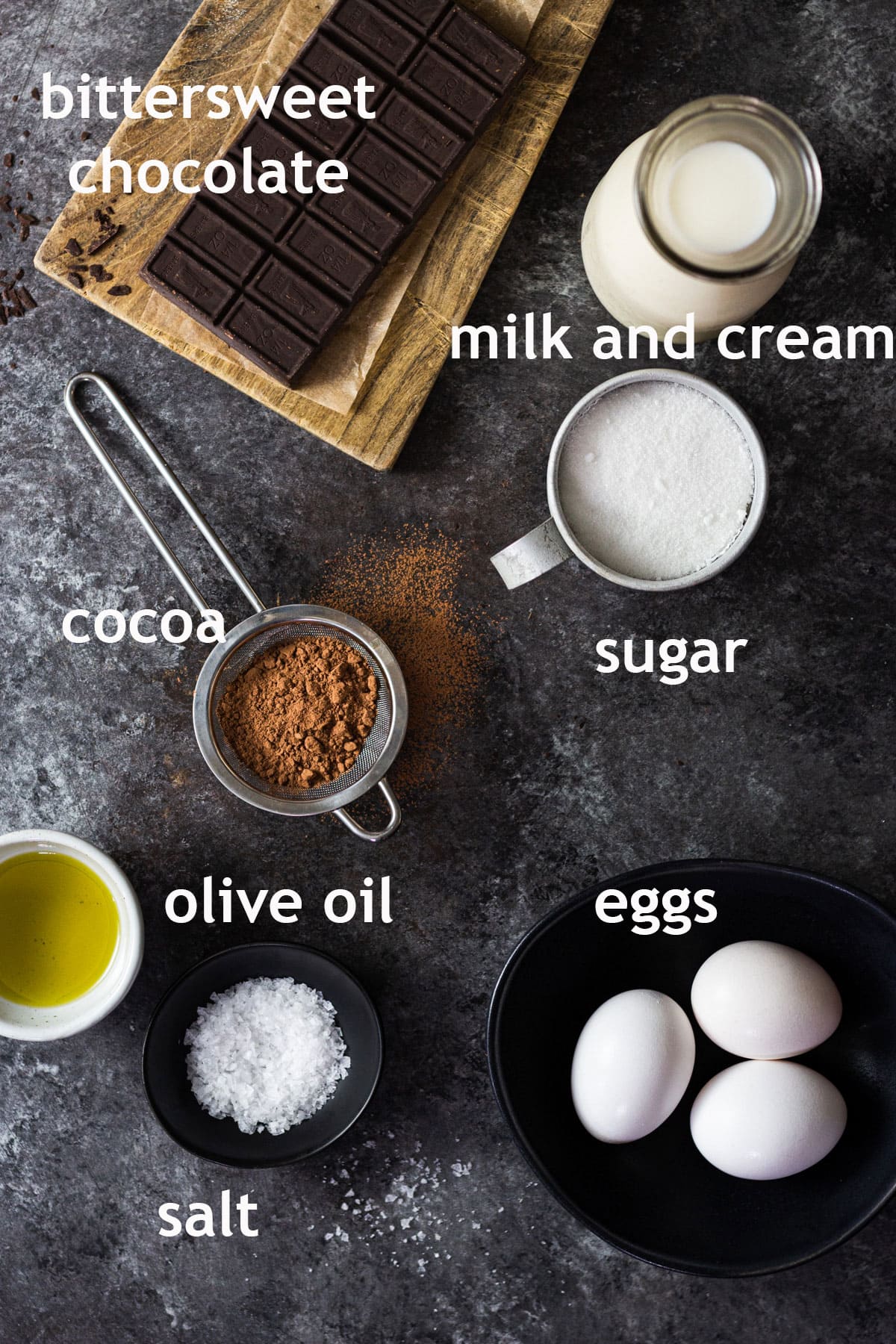 Chocolate ice cream ingredients, including chocolate, cocoa, milk, cream, sugar, olive oil, eggs and salt.