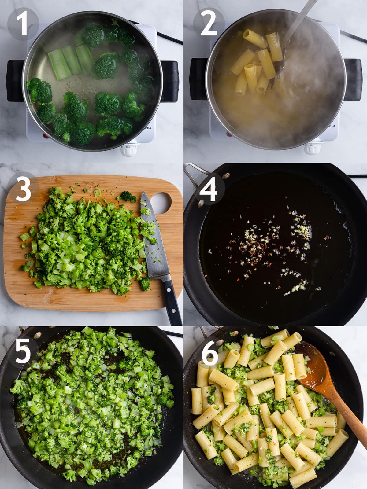 Steps to cook pasta including boiling and chopping broccoli, boiling rigatoni, sautéing onion and red pepper, and adding broccoli, pasta and grated cheese.