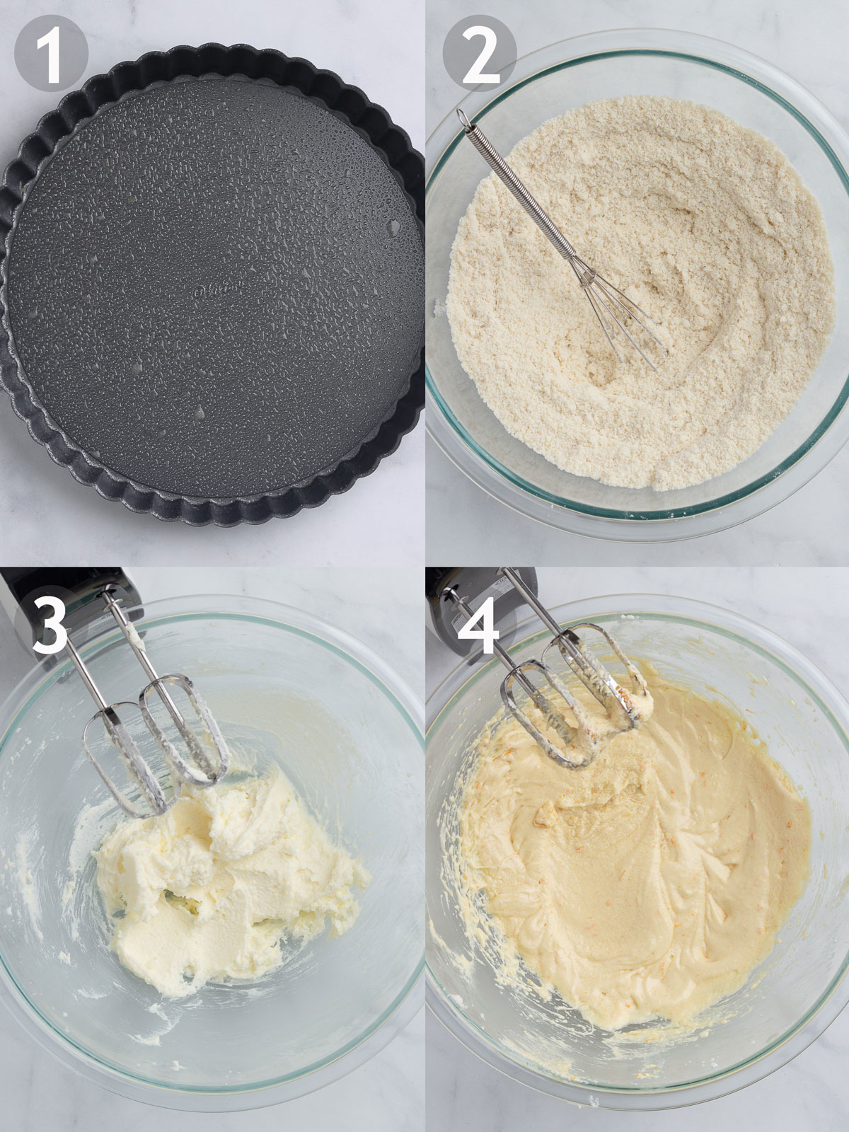 Cake steps 1-4 including greasing tart pan, whisking dry ingredients, and creaming butter, sugar and eggs.