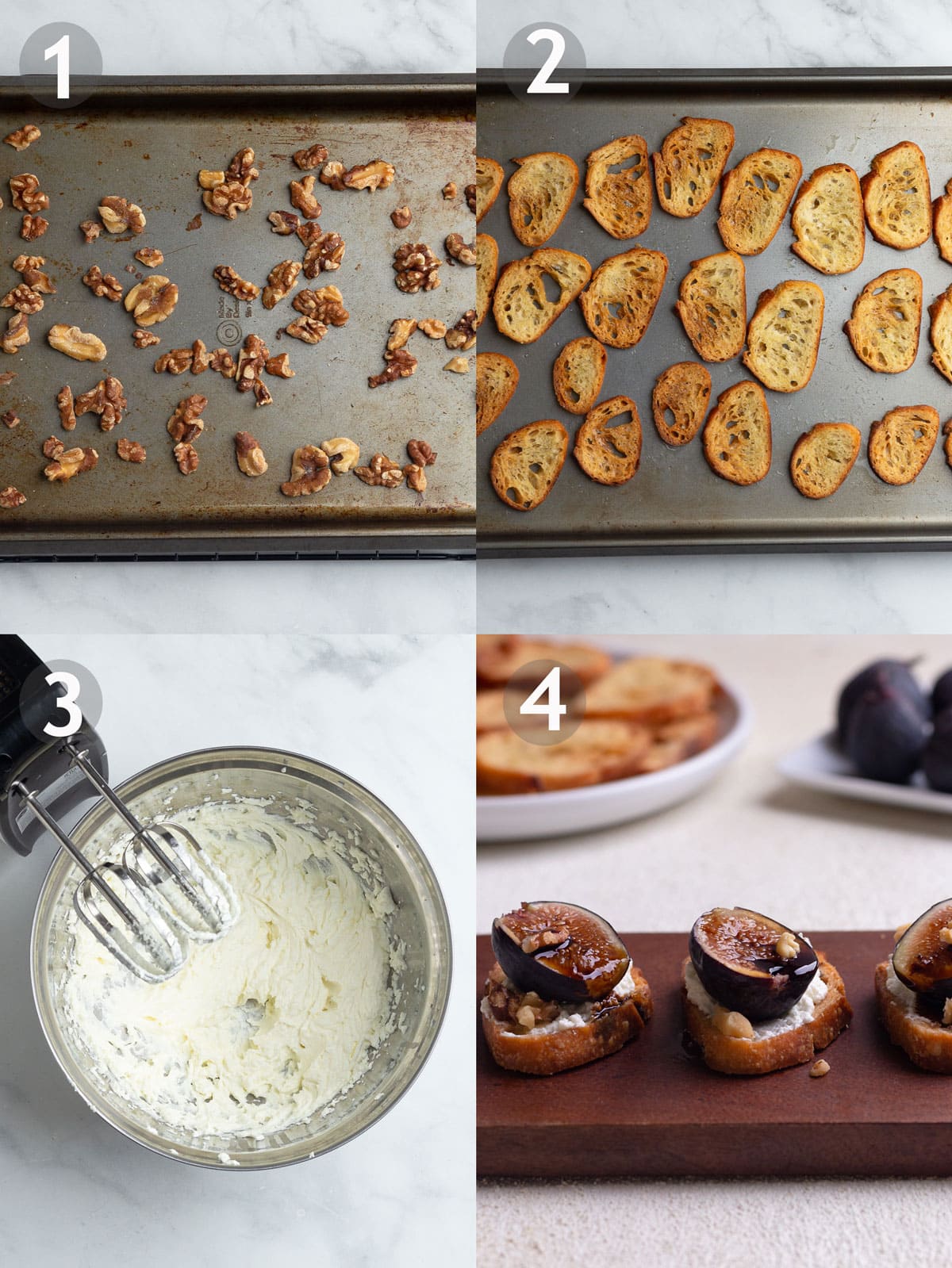 Recipe Steps including toasting walnuts, toasting crostini, whipping goat cheese and assembling crostini.