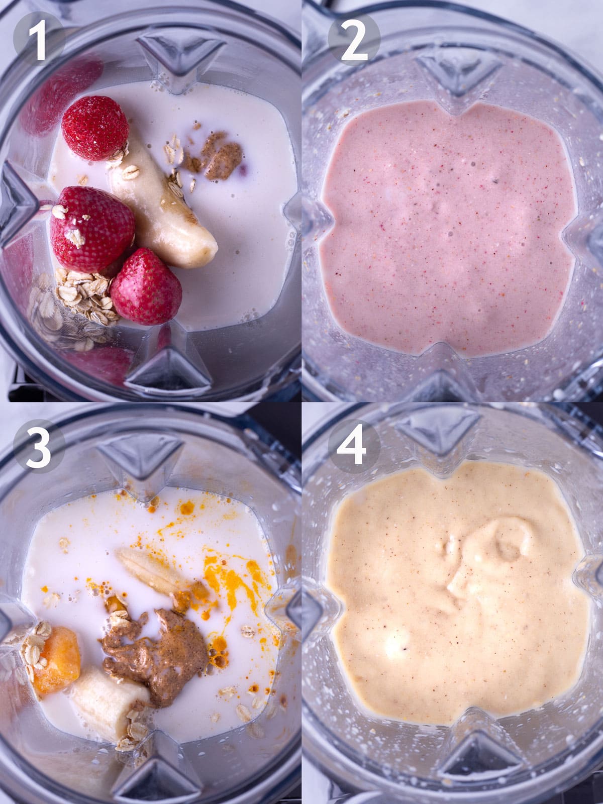 Before and after photos of blending ingredients for strawberry banana oat smoothie and mango turmeric oat smoothie.