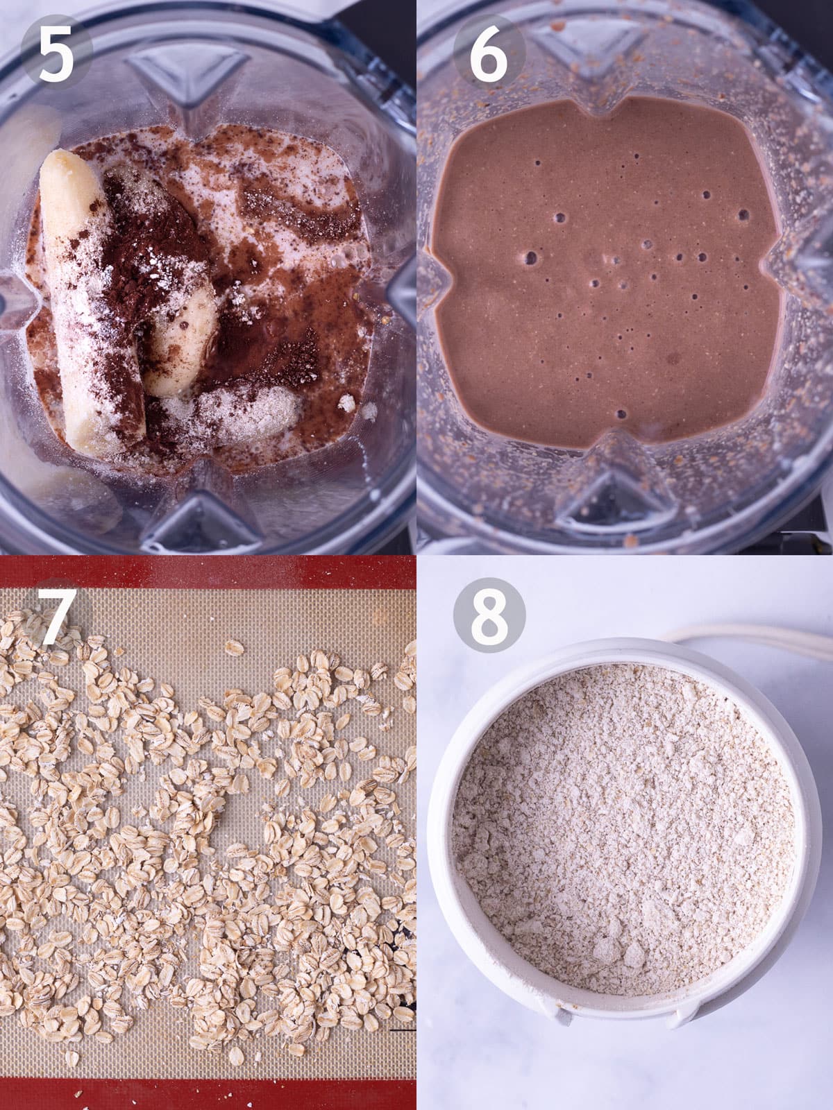Before and after photos of blending ingredients for chocolate peanut butter banana oat smoothie and toasting and grinding the oats.