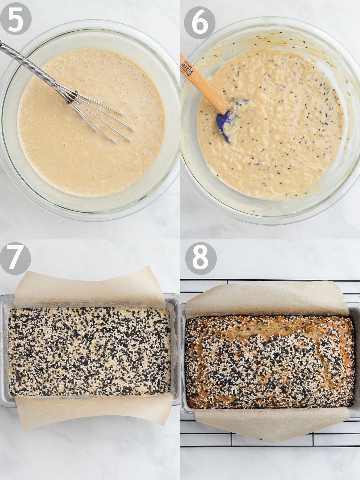 Banana bread steps including combining the wet and dry ingredients and baking the loaf.