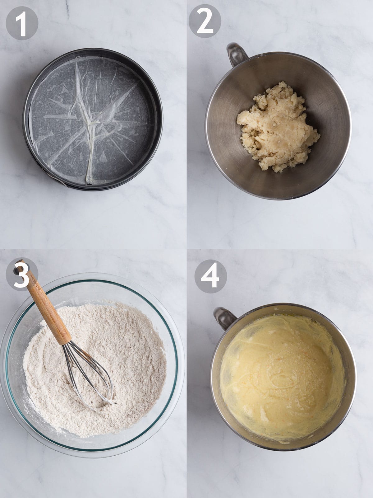 Cake Steps 1-4, including mixing dry ingredients, mixing almond paste and mixing wet ingredients.