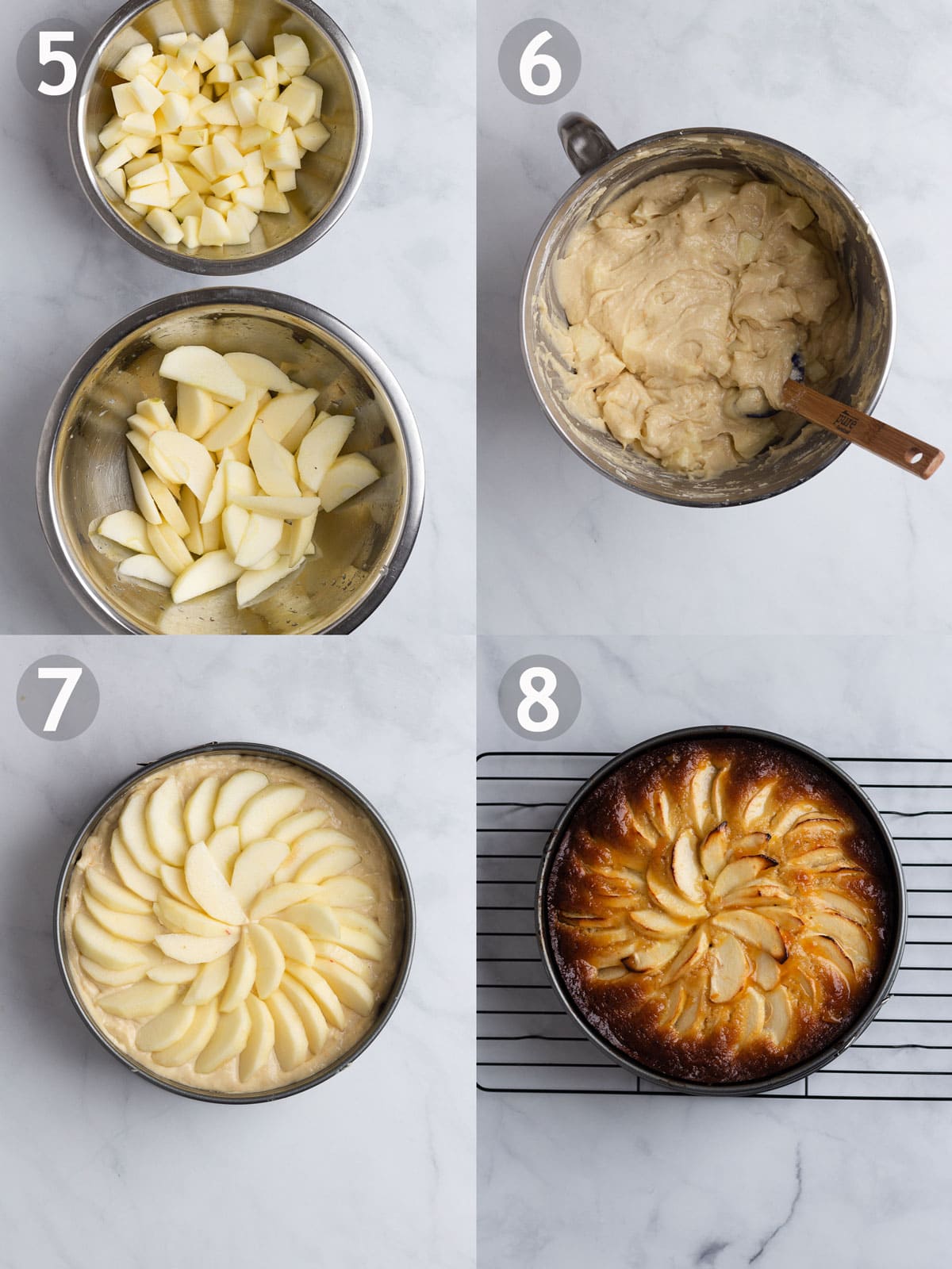 Cake steps 5-8, including cutting apples for inside and top of cake and baking cake.