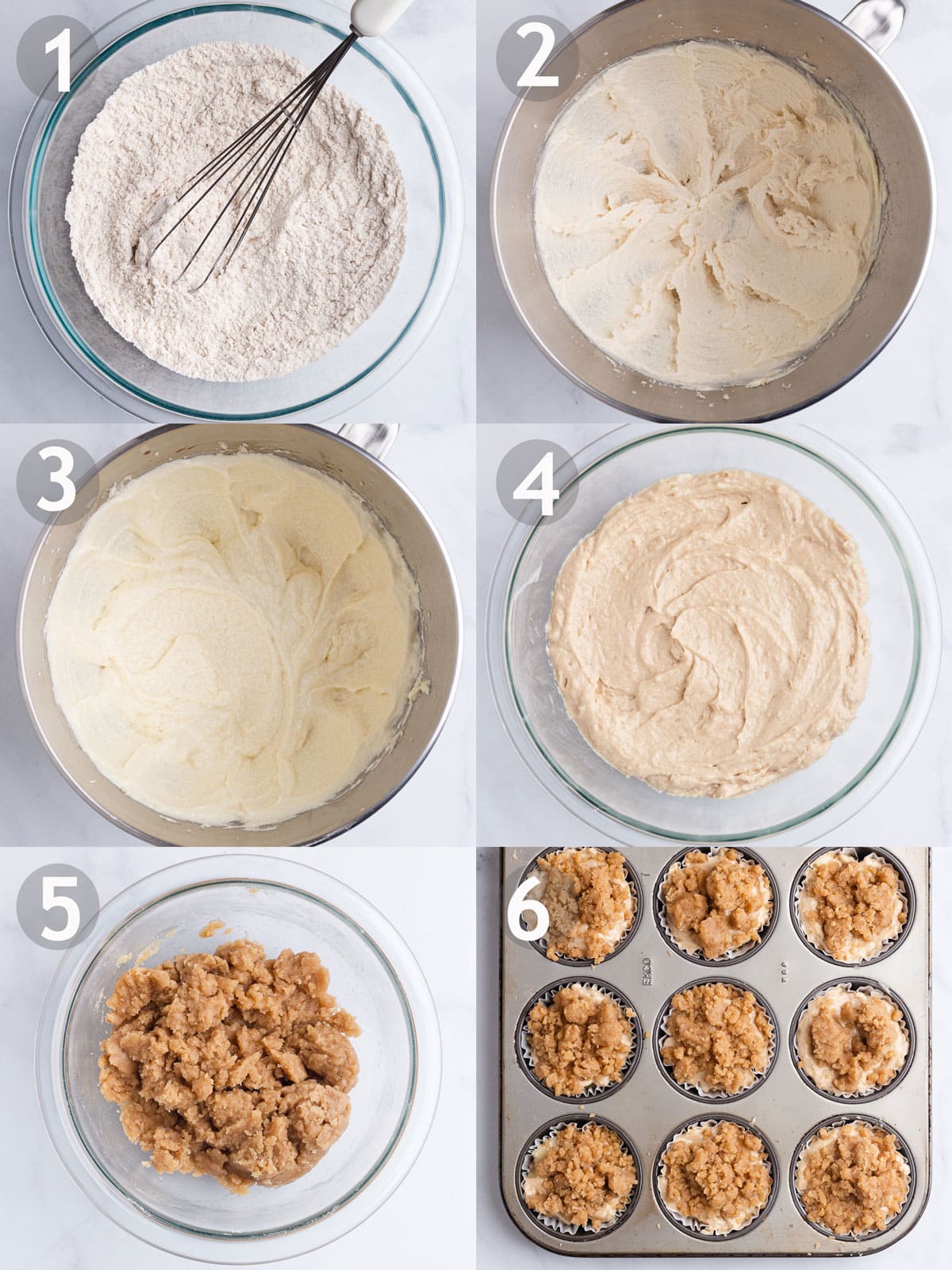 Steps to make muffins including mixing dry ingredients, mixing wet ingredients, combining all ingredients, folding in chopped apples, topping with crumbs and baking.