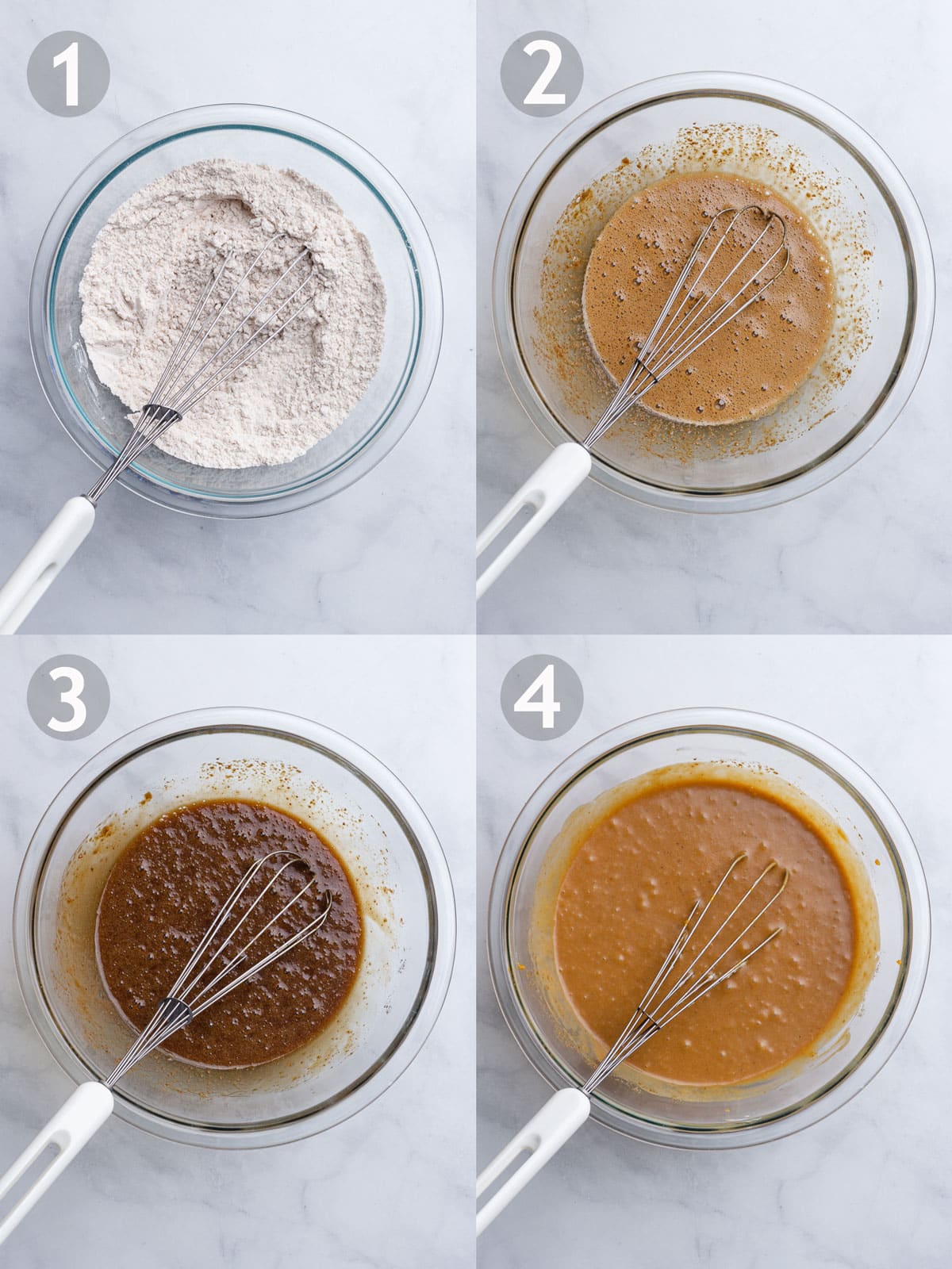 Steps to make muffins including mixing dry ingredients, mixing wet ingredients and combining the wet and dry ingredients.