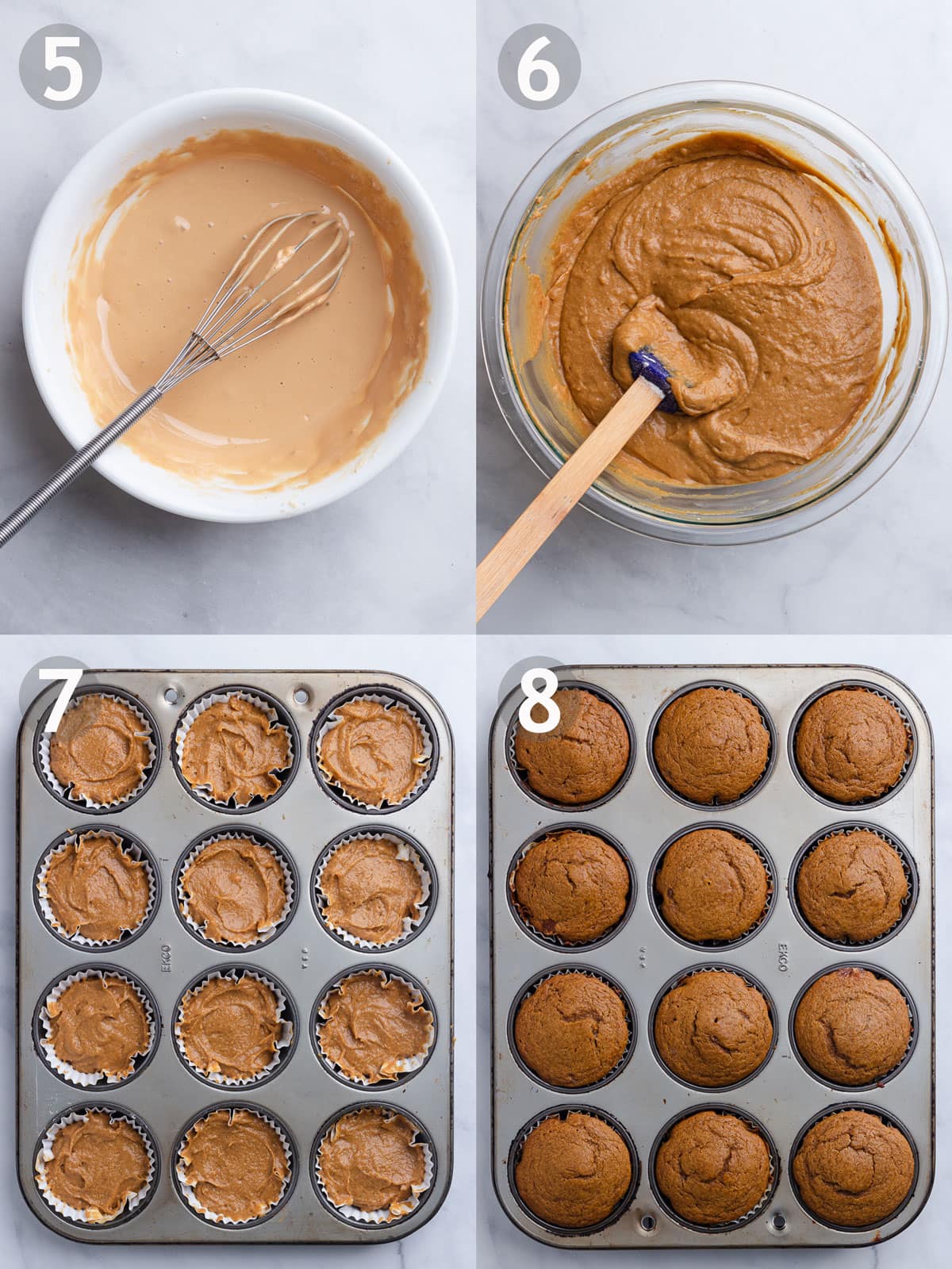 Last 4 steps of making muffins including dissolving the protein powder into a paste, combining the wet and dry ingredients and baking the muffins.