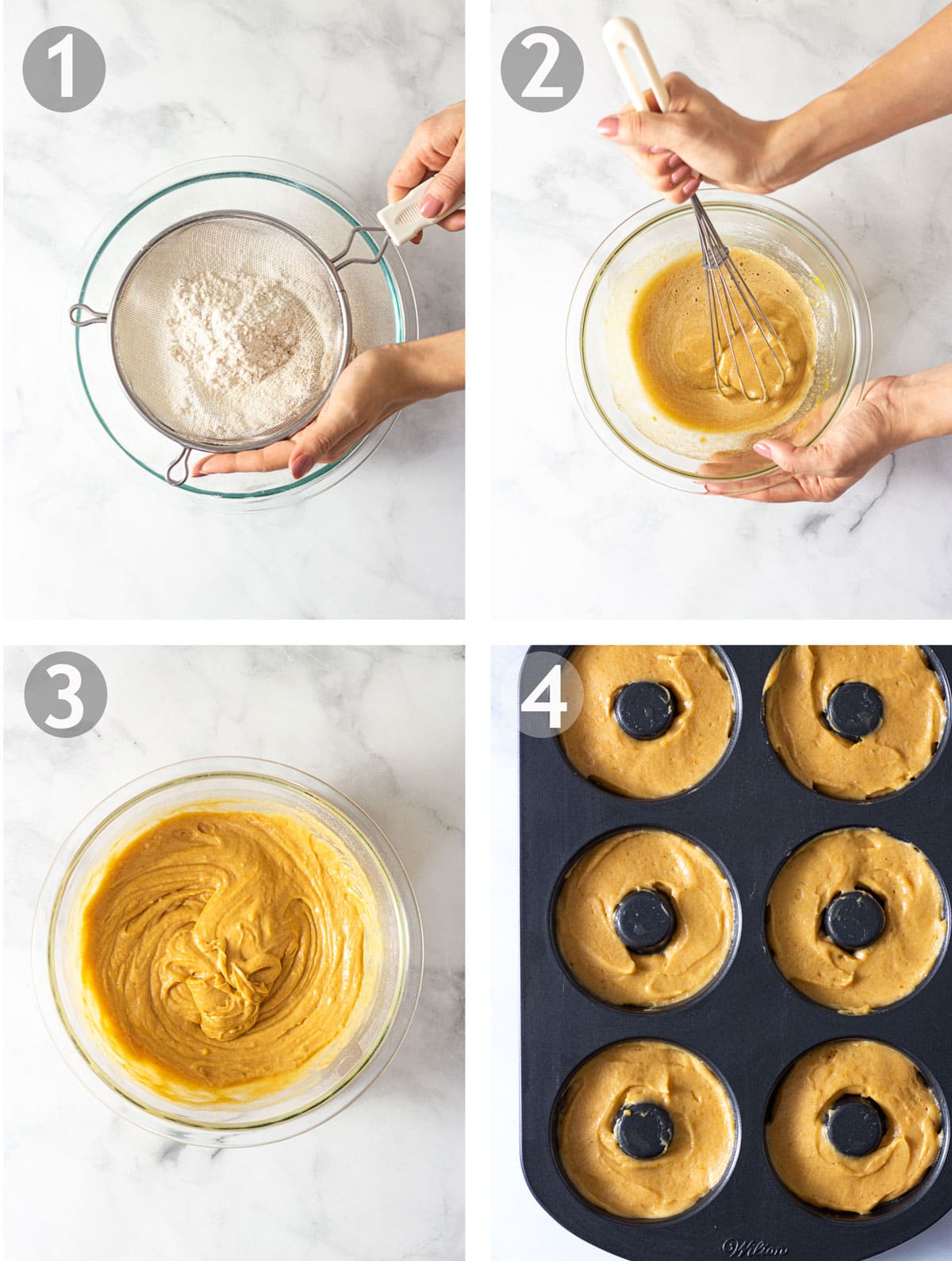 Pumpkin donut steps including sifting dry ingredients, mixing wet ingredients, combining all ingredients and baking donuts.