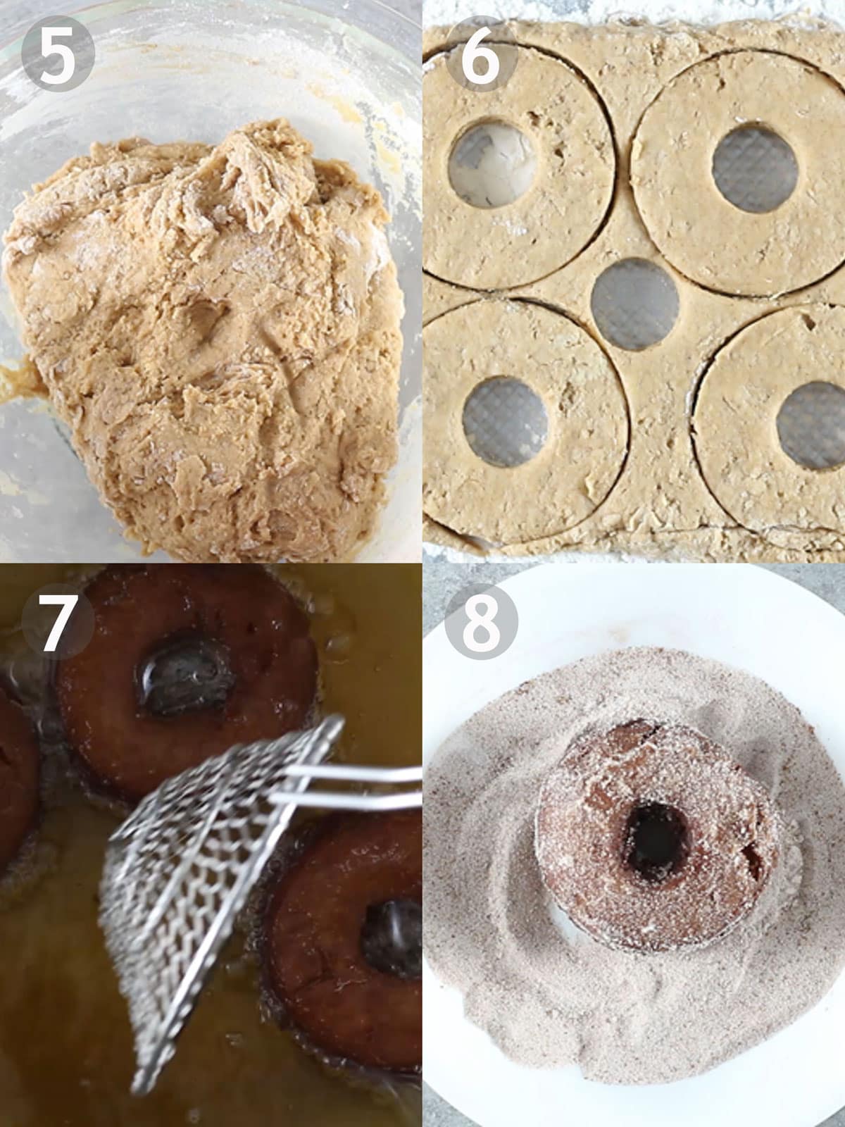 Steps to making donuts including, rolling and punching out dough, deep frying and coating in cinnamon sugar.