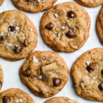 Overhead view of a cluster of salted chocolate chip cookies.