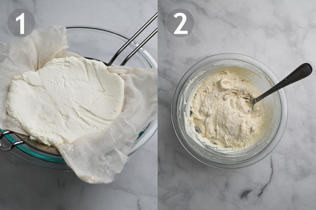 Side by side photos of strained ricotta and a bowl of cannoli filling.