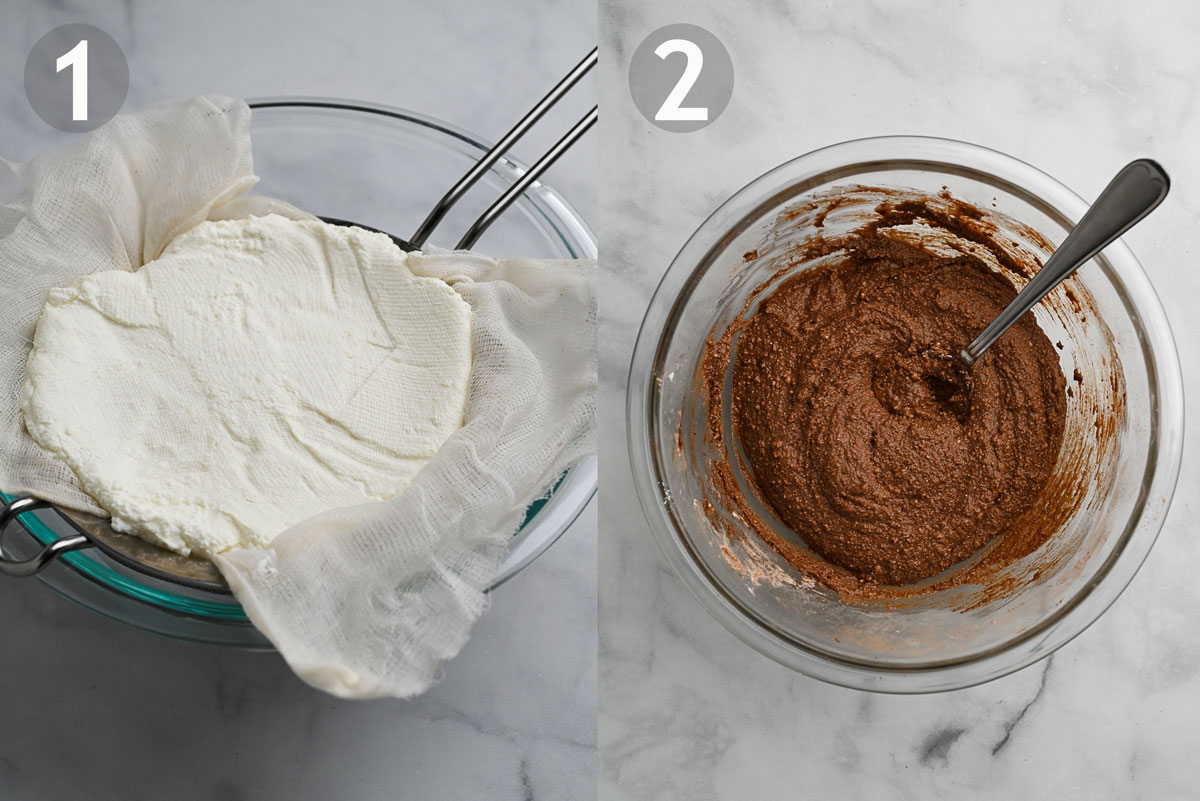 Side by side photos of strained ricotta and nutella cannoli filling.