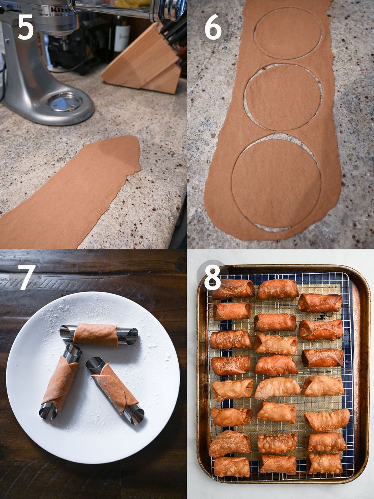 Cannoli shell, steps-5-8 Including rolling out, cutting and frying dough.