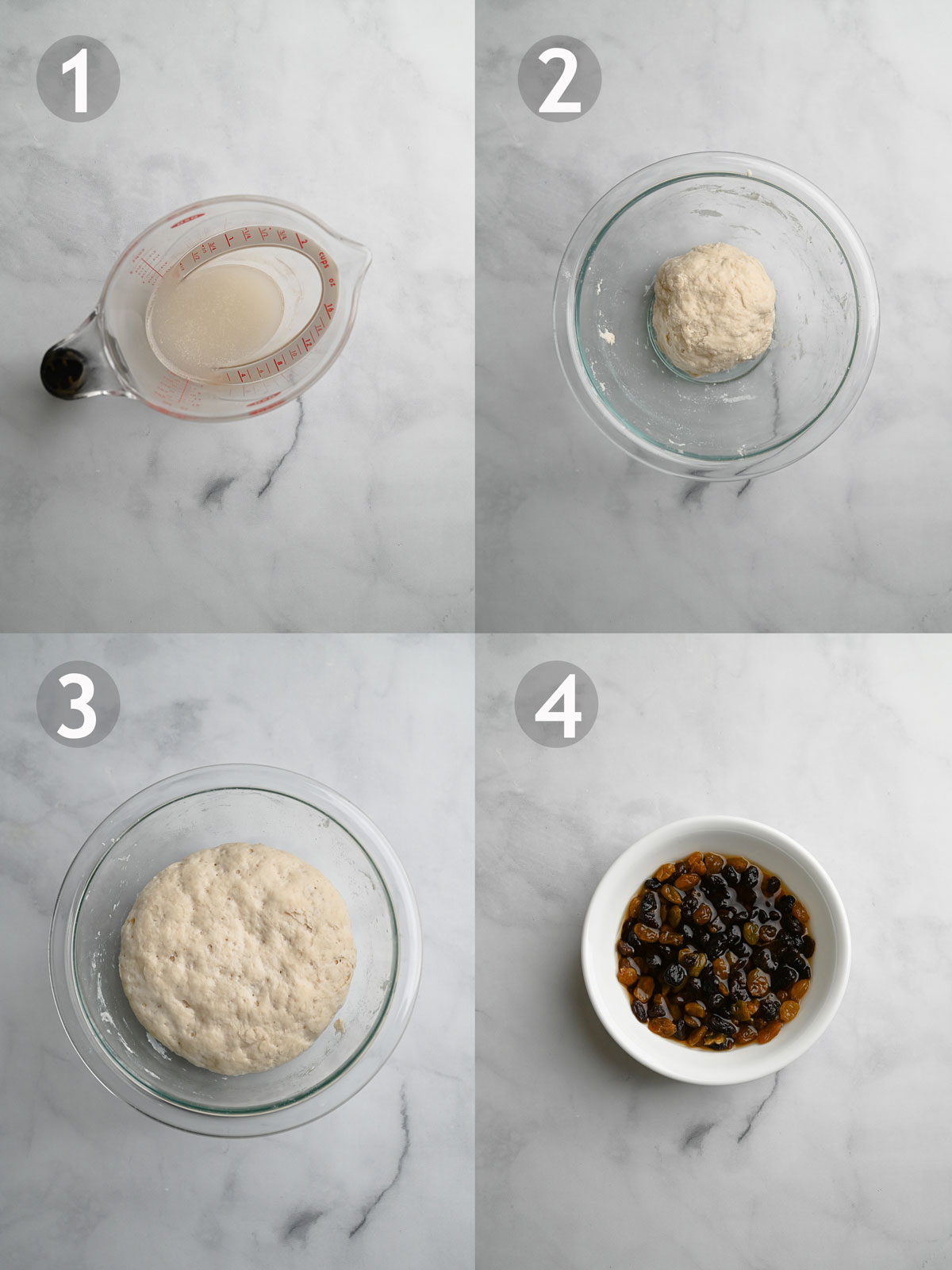 Panettone, steps 1-4, including proofing yeast, making the biga (starter) and soaking the raisins in alcohol.