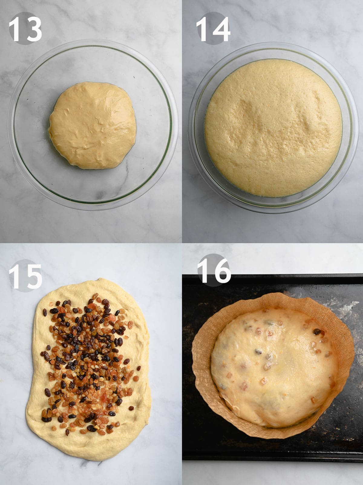 Panettone, steps 13-16, including the second and third rise and folding in the dried fruits.