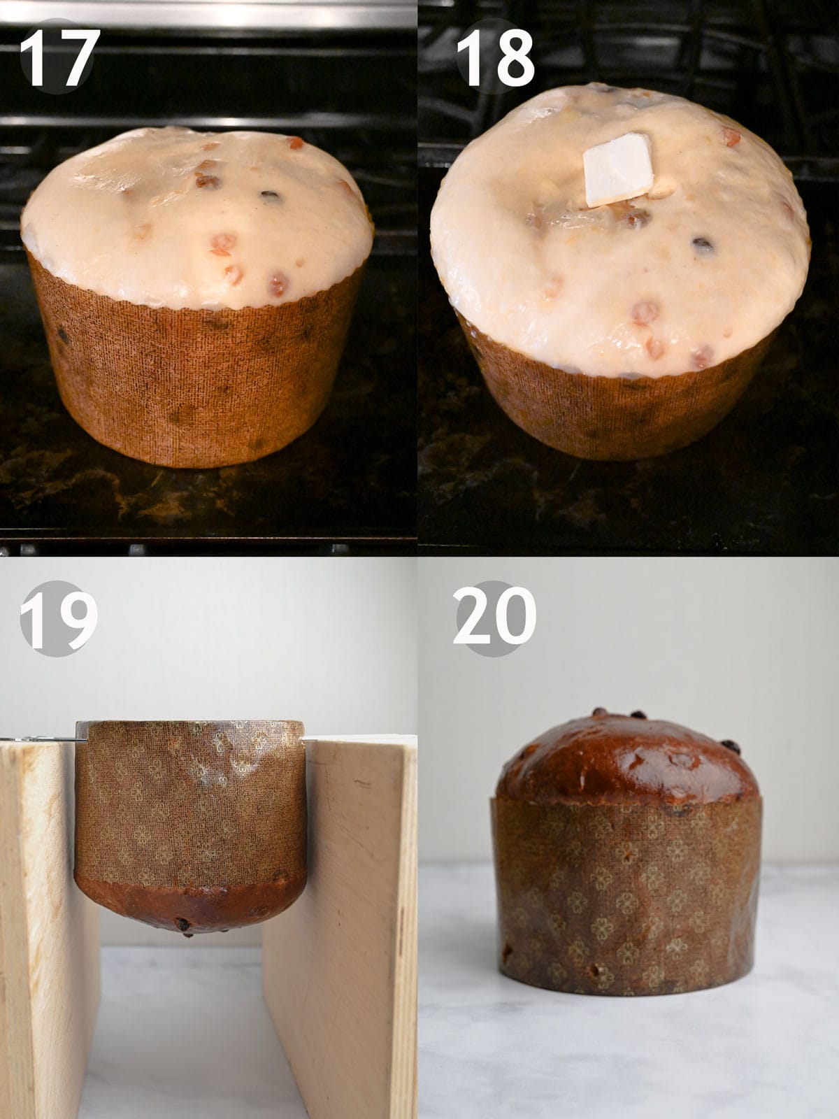 Panettone, steps 17-20, including baking the bread and hanging it upside down to cool.