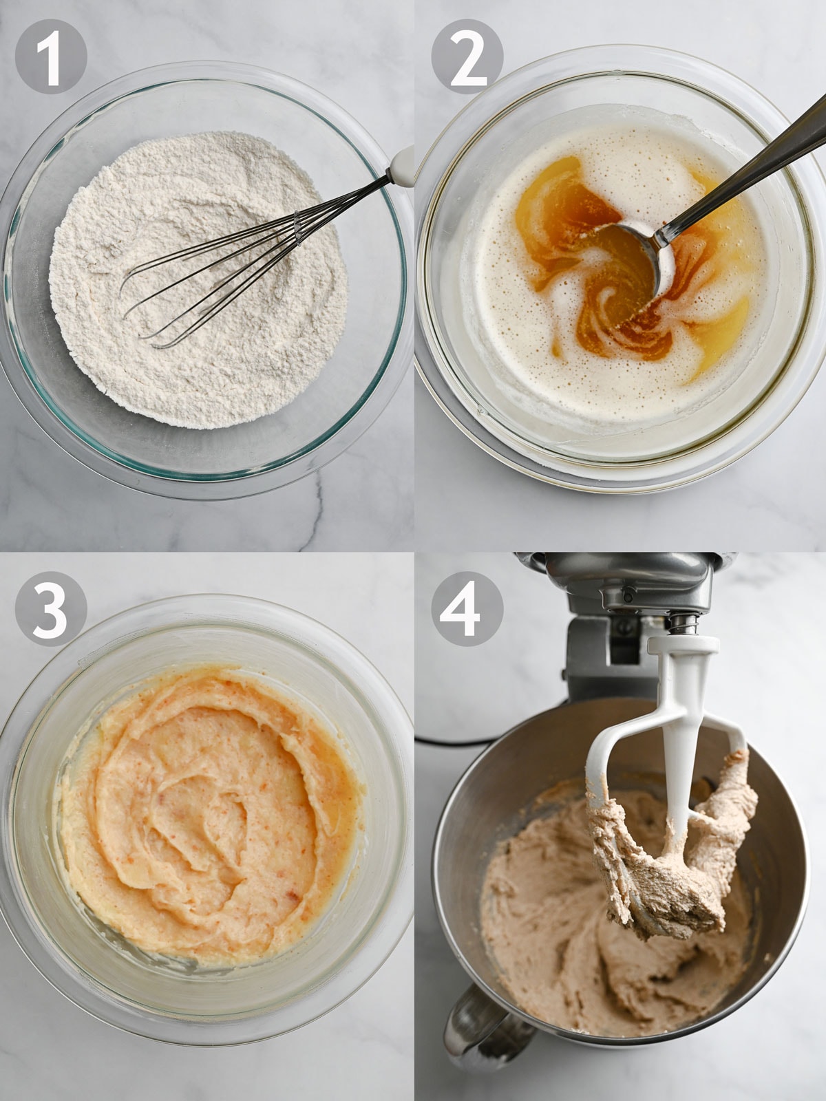 Steps to make cookies including mixing dry ingredients, making brown butter and combining wet ingredients.