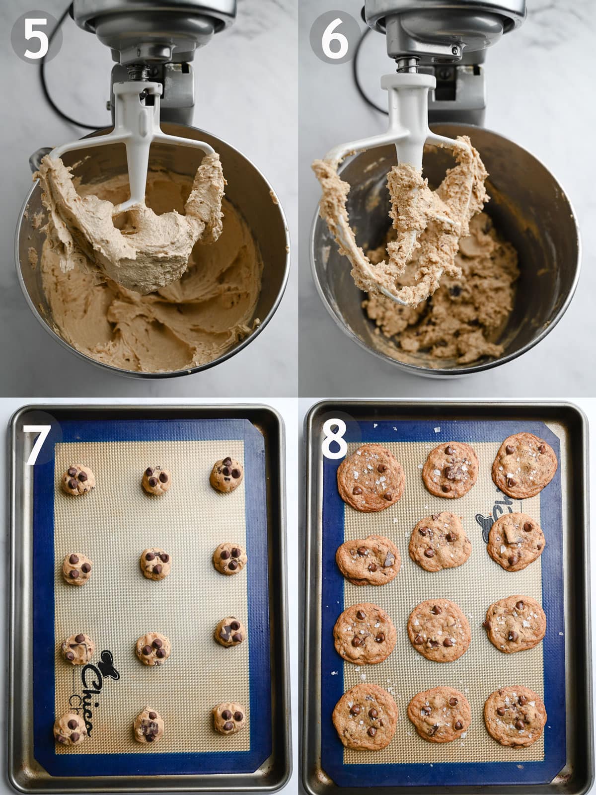 Steps of making cookies including combining the wet and dry ingredients, adding chocolate chips and baking cookies.