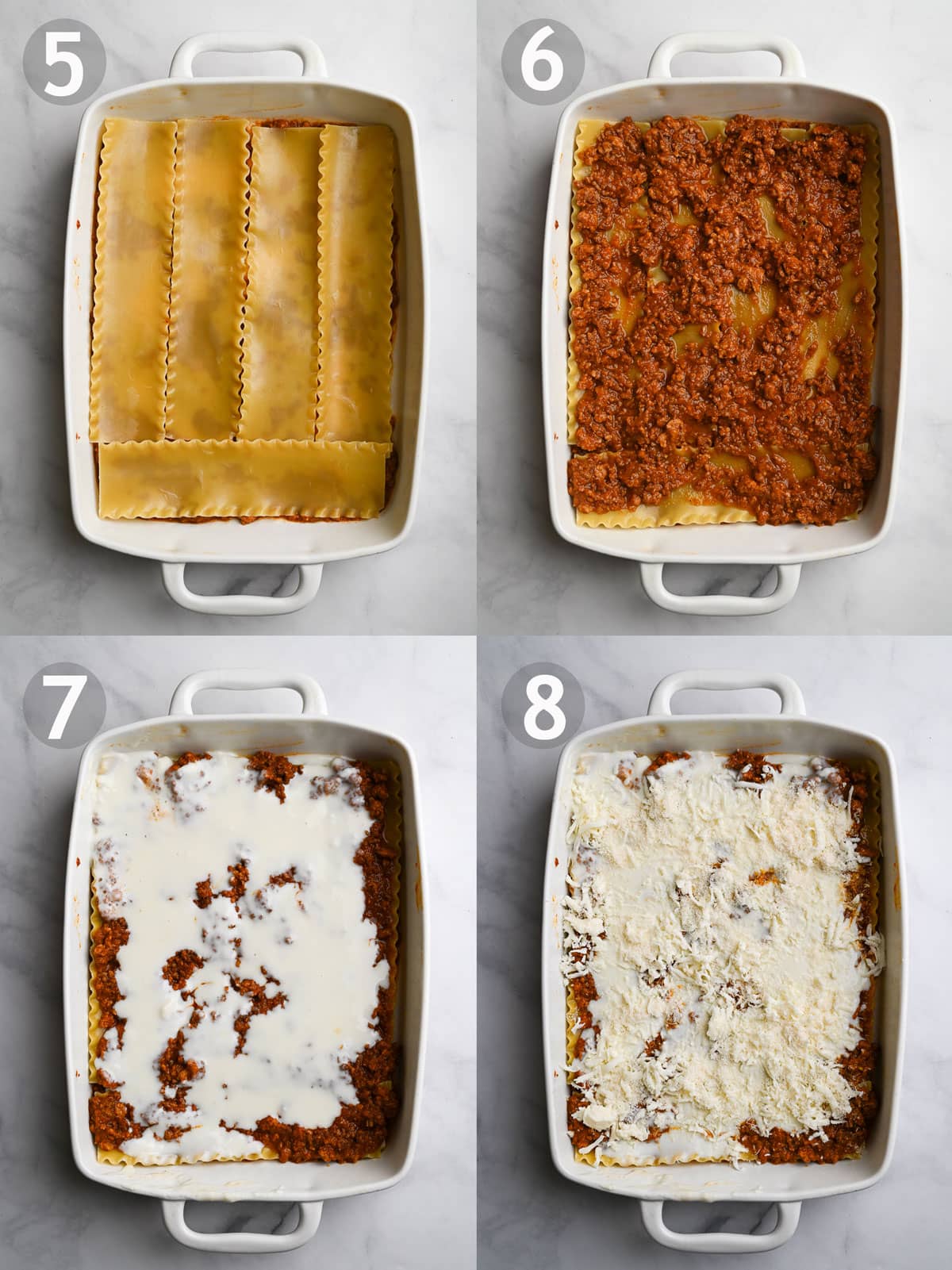 Lasagna steps, 5-8, showing how to layer lasagna with meat sauce, bechamel and cheese.
