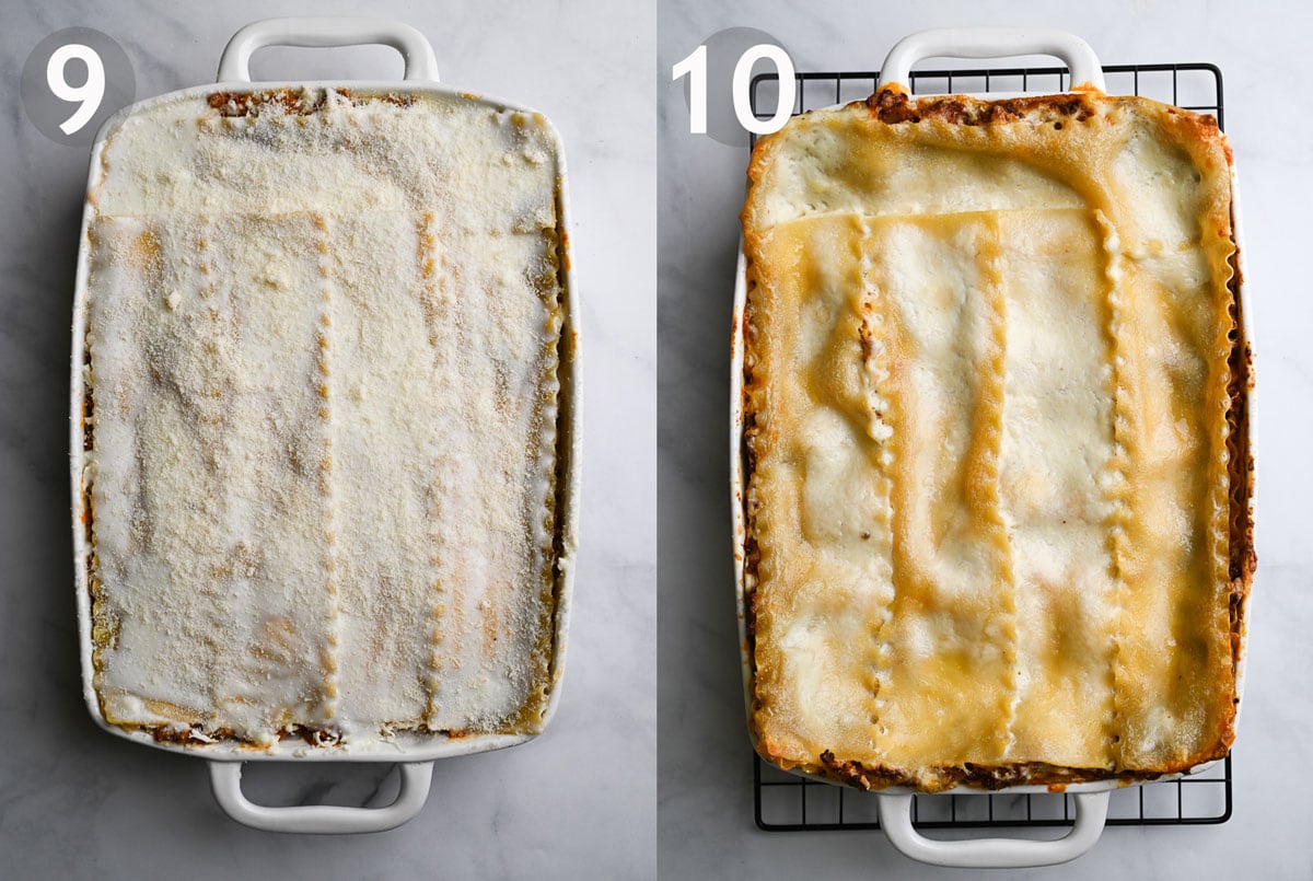 Lasagna steps, 9-10, showing lasagna before and after baking.