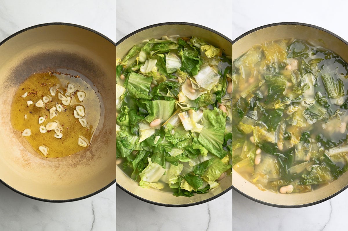 Steps to Make Escarole and Beans, including sauteing garlic and red pepper, and boiling the escarole and beans in broth.
