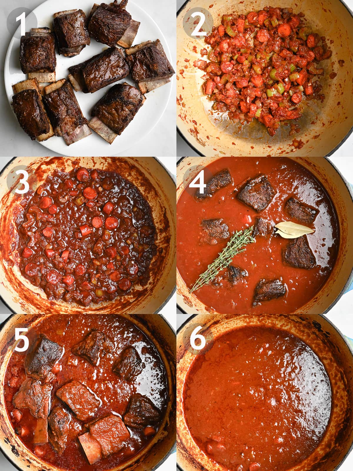 Steps to make Italian Short Ribs including searing the meat, sauteing onions, carrots and celery, adding tomato paste and wine and braising until ribs are cooked through.