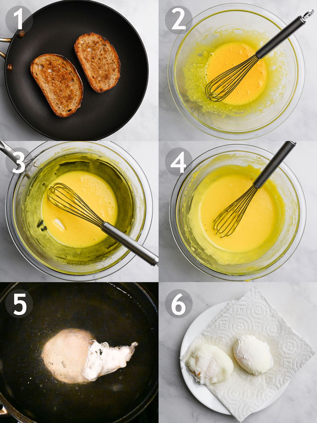 Recipe steps, including toasting the bread, making the hollandaise sauce and poaching eggs.