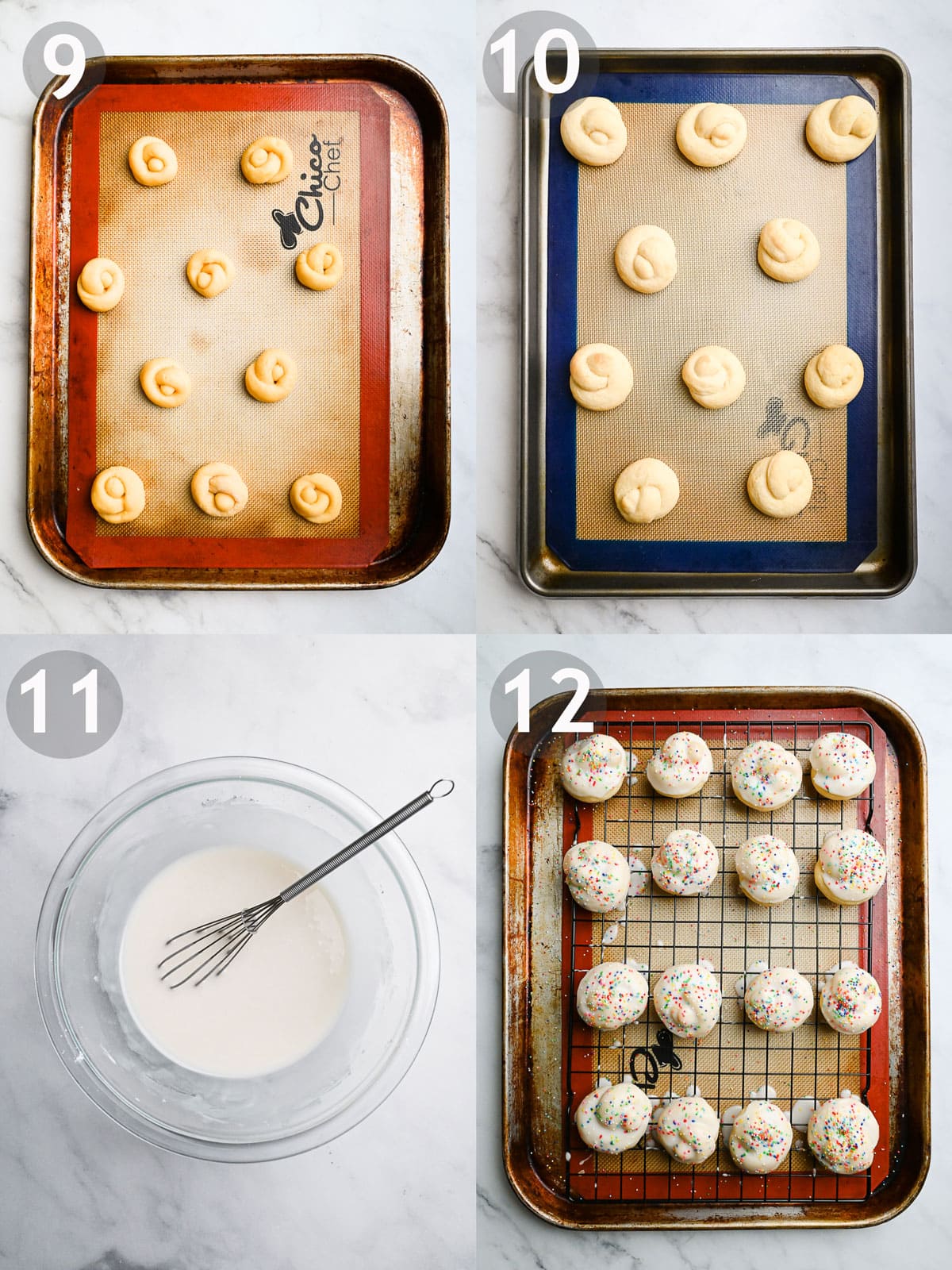 Steps to make cookies including baking and glazing them.