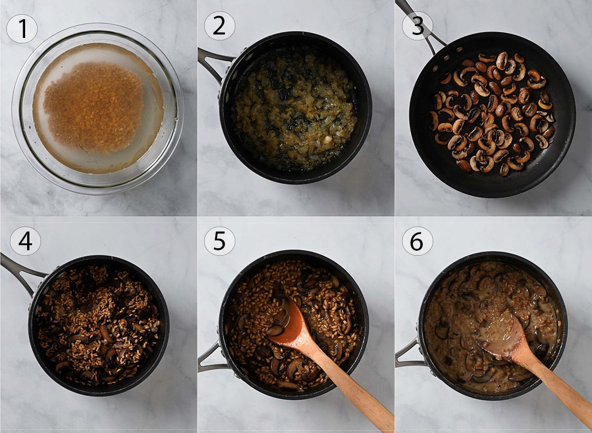 Six step-by-step photos of how to make mushroom and farro risotto. 